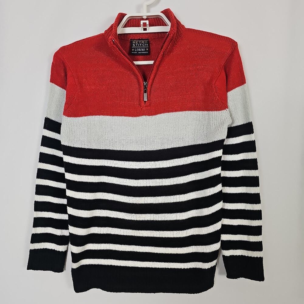 Retro Stitch Boys Red Striped Quarter Zip Sweater Gray Pants Set Size L 14 16...